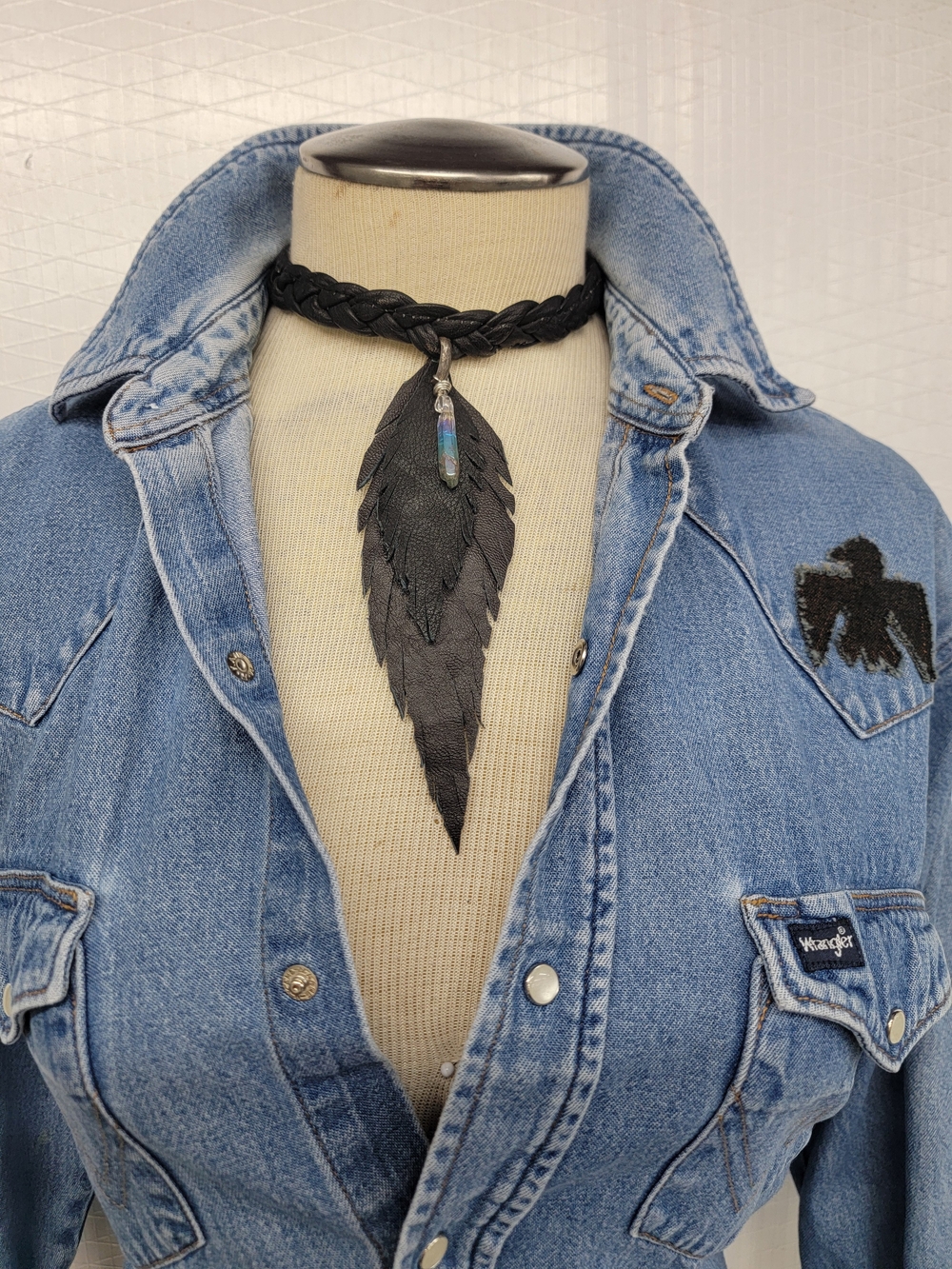 Leather Choker Necklace / Leather Feathers / Angel Aura Crystal - Artisian